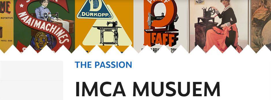Werbeplakat für die Ausstellung Die Passion im IMCA Museum, das historische Maschinen und Mode zeigt.