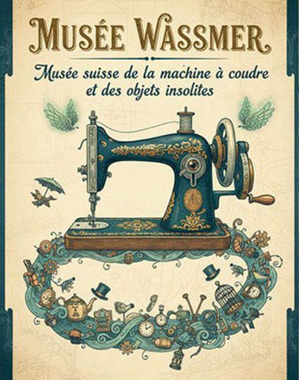 Vintage-Plakat des Musée Wassmer mit einer detaillierten Darstellung einer antiken Nähmaschine und einem dekorativen Fries voller Kuriositäten.